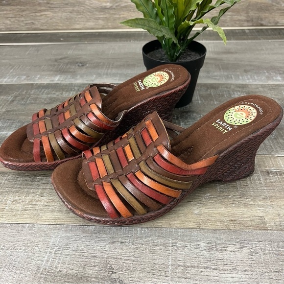 EARTH SPIRIT Gelron Birch Leather Brown Earthtone platform Sandal Slide Size 6.5 - Picture 3 of 11
